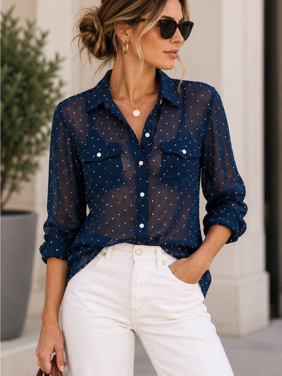 Abercrombie & Fitch Tops - Abercrombie & Fitch Navy Polka Dot Sheer Button Down Blouse Top Size S